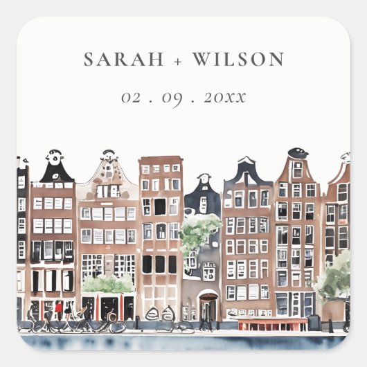 アムステルダムオランダカナルウォーターカラーランドスケー結婚ズ スクエアシール (正面)