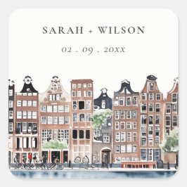 アムステルダムオランダカナルウォーターカラーランドスケー結婚ズ スクエアシール