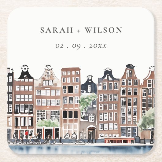 アムステルダムオランダカナルウォーターカラーランドスケー結婚ズ スクエアペーパーコースター (正面)