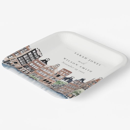 アムステルダムオランダカナルウォーターカラーランドスケー結婚ズ ペーパープレート (傾斜あり)