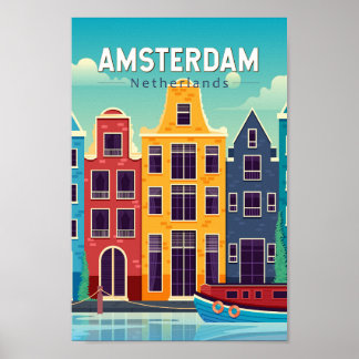 アムステルダムオランダカラフルハウストラベルレトロ ポスター