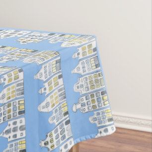 アムステルダムオランダハウスウォーターカラービレッジブルー テーブルクロス