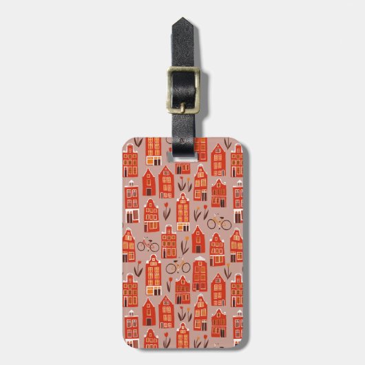 アムステルダムオランダハウスツリップビークスパターンレッド ラゲッジタグ (正面縦)