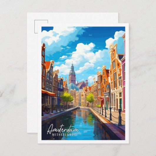 アムステルダムオランダヴィンテージ旅行イラストレーション ポストカード (正面/裏面)