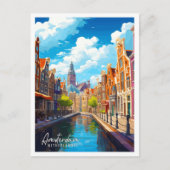 アムステルダムオランダヴィンテージ旅行イラストレーション ポストカード (正面)