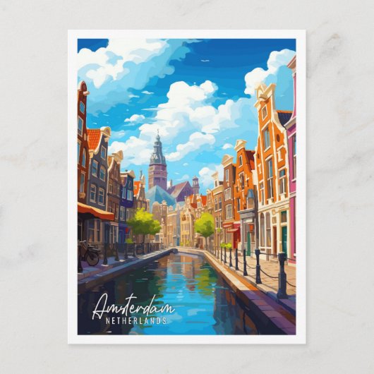 アムステルダムオランダヴィンテージ旅行イラストレーション ポストカード (正面)