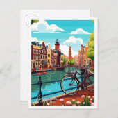 アムステルダムオランダヴィンテージ旅行イラストレーション ポストカード (正面/裏面)
