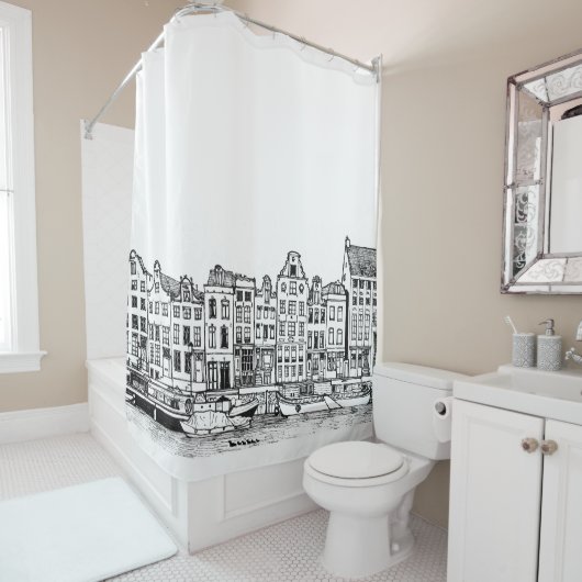 アムステルダムカナルオランダシティスケープイラストレーション シャワーカーテン (インサイチュ)