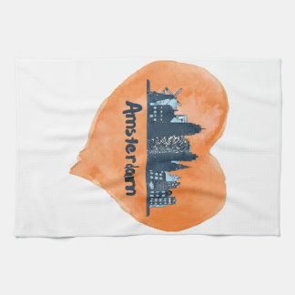 アムステルダムカラフルシティスカイラインウォーターカラーハートP キッチンタオル