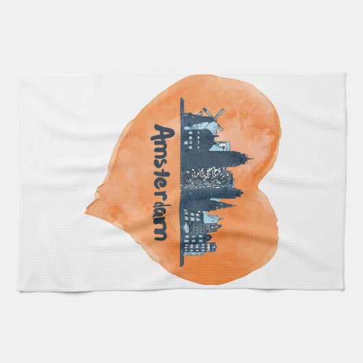 アムステルダムカラフルシティスカイラインウォーターカラーハートP キッチンタオル (横)