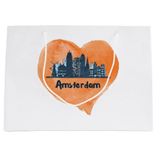 アムステルダムカラフルシティスカイラインウォーターカラーハートP ラージペーパーバッグ