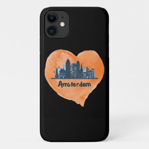 アムステルダムカラフルシティスカイラインウォーターカラーハートP iPhone 11 ケース