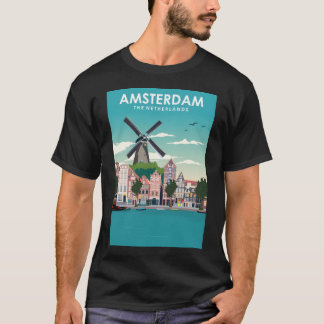 アムステルダムホランドウィンドミルトラベルポスター Tシャツ