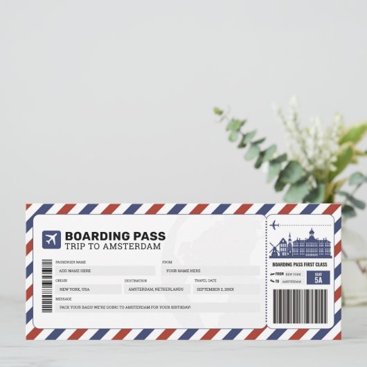 アムステルダムボーディングパストラベルトリップ飛行機チケット 招待状 (スタンド正面)