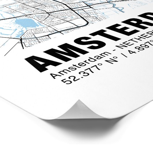 アムステルダムマップポスター – アムステルダムホワイトマップ ポスター (角)