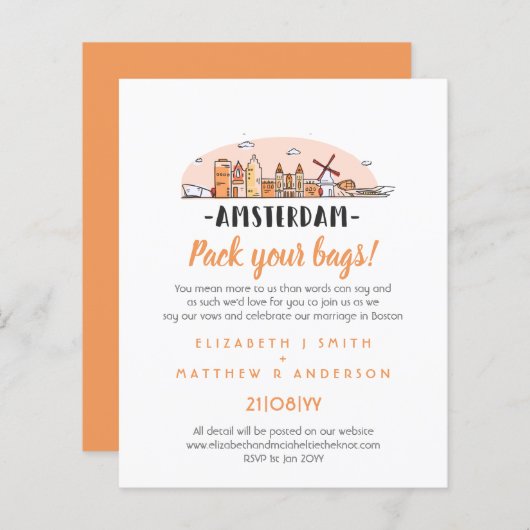 アムステルダム結婚の手描きスカイラインモダン招待状 (正面/裏面)