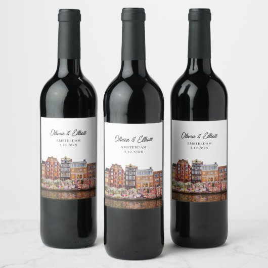 アムステルダム結婚式の引き出物 パーソナライズされた ワインラベル (ボトル)