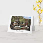 アムステルダム運河のはしけ-ハッピーバースデー カード (黄色い花)