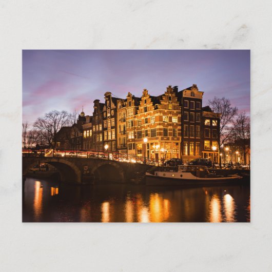 アムステルダム運河の家々の夕暮れ葉書 ポストカード (正面)