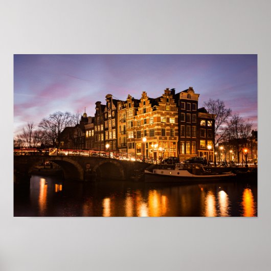 アムステルダム運河の家の夕暮れポスター ポスター (正面)