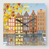アムステルダム都市運河の秋のカラフルな柱時計 スクエア壁時計 (正面)