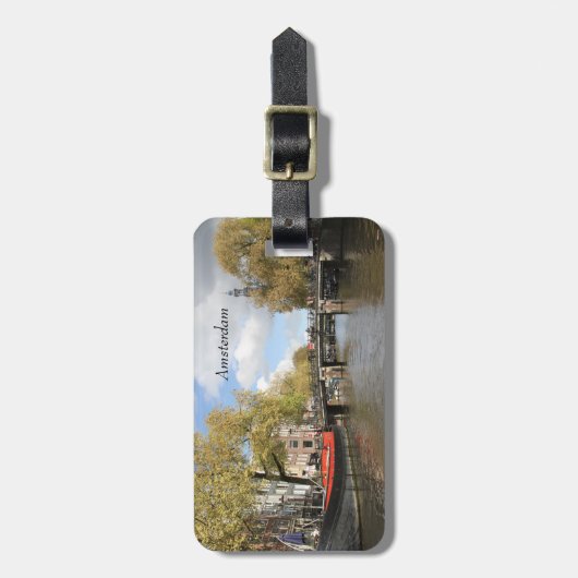 アムステルダム、運河、橋、ハウスボート、教会の尖塔 ラゲッジタグ (正面縦)