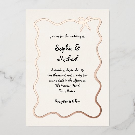 アムール |ボー図解入りの、写真付きのフランスのの結婚バラ金ゴールド 箔招待状 (正面)