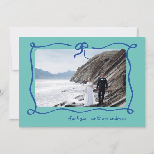 アムール |青とティール(緑がかった色)フランスのの弓と写真結婚の サンキューカード (正面)