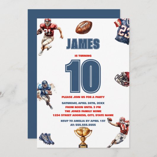 アメカモダンンフットボール少年スポーツ子供の誕生日 招待状 (正面/裏面)