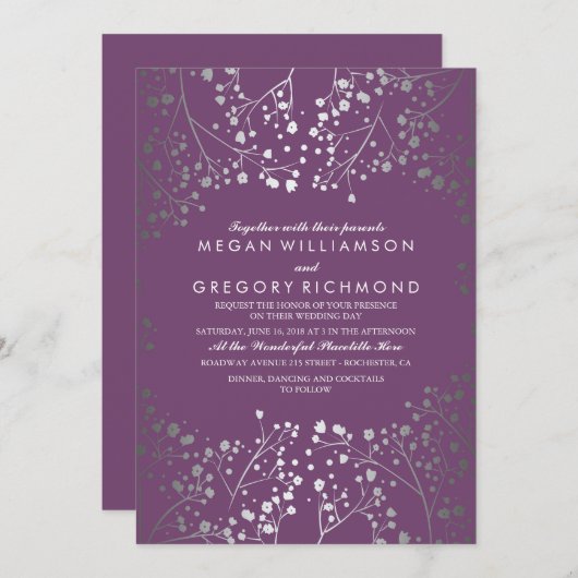 アメジストとシルバーの赤ん坊の結婚息 招待状 (正面/裏面)