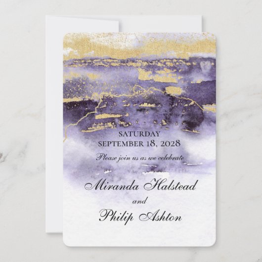 アメジストとモダン金ゴールド絵画結婚の 招待状 (正面)
