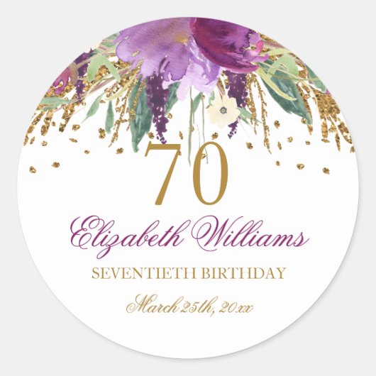 アメジストの輝き フローラル ギラギラ 70歳の誕生日 ラウンドシール (正面)