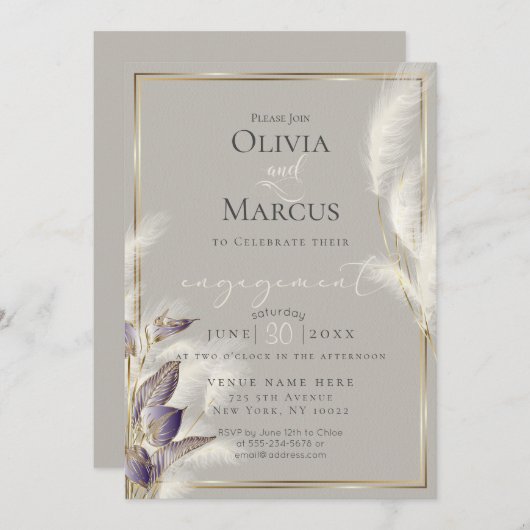 アメジストアンスリウムとフェザー パンパス グラス 招待状 (正面/裏面)