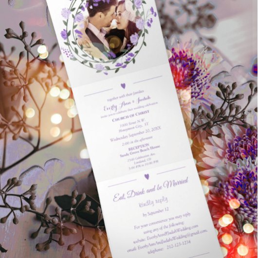 アメジストオーキッドパープル薄紫牡丹フローラズ結婚 三つ折り招待状