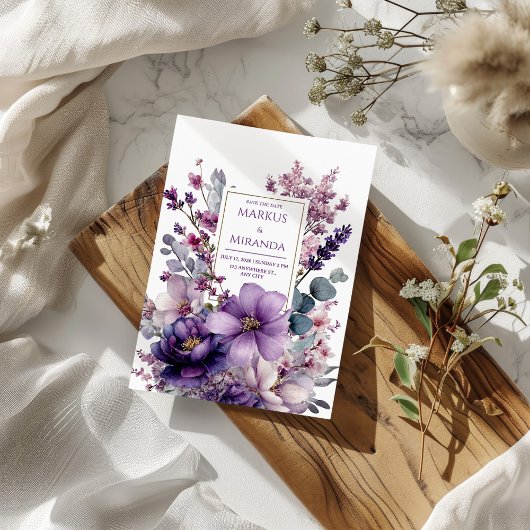 アメジストガーデン パープルとピンクの花のウェディング 招待状