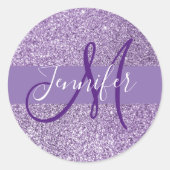 アメジストグリッター写真の名前とイニシャル ラウンドシール (正面)