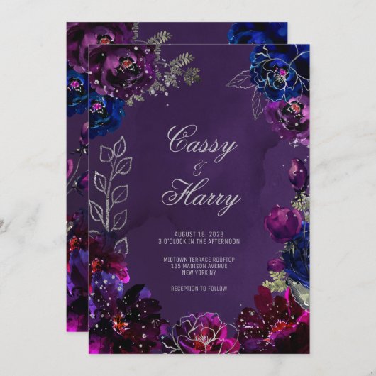 アメジストサファイアジュエリートーン結婚の名前 招待状 (正面/裏面)