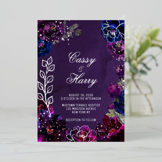 アメジストサファイアジュエリートーン結婚の名前 箔招待状 (立ち正面)