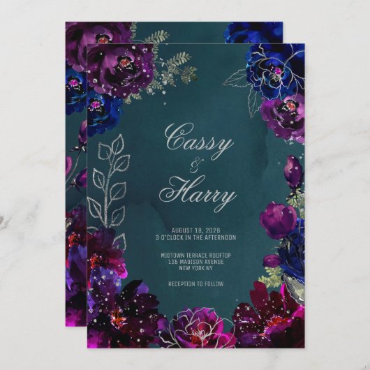 アメジストサファイアティール(緑がかった色)ジュエルトー結婚ン 招待状 (正面/裏面)