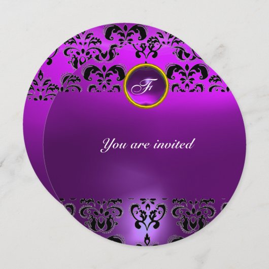 アメジストダマスク宝石モノグラムブラックパープル 招待状 (正面/裏面)