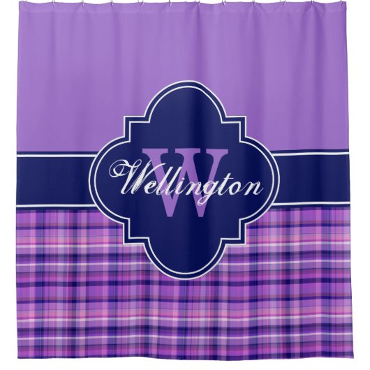 アメジストネイビーブルーマドラスプレイド1I CBリボン名 シャワーカーテン (正面)