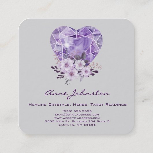 アメジストハートとフラワーズスクエアビジネスカード スクエア名刺 (裏面)
