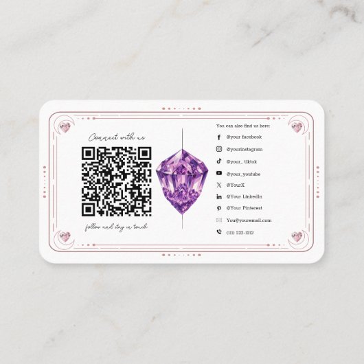 アメジストハートバラ水晶ソーシャルメディアQR 名刺 (裏面)