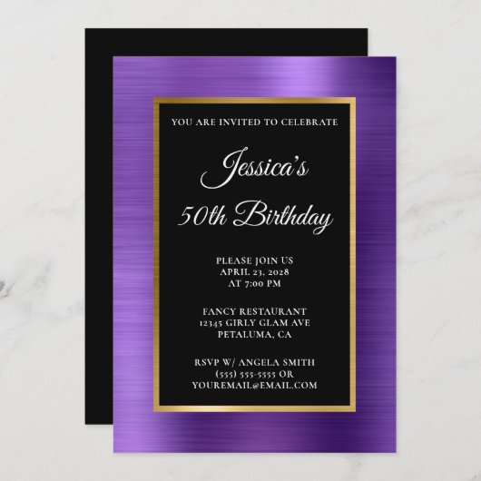アメジストパープルゴールドフォイルブラック50誕生日 招待状 (正面/裏面)