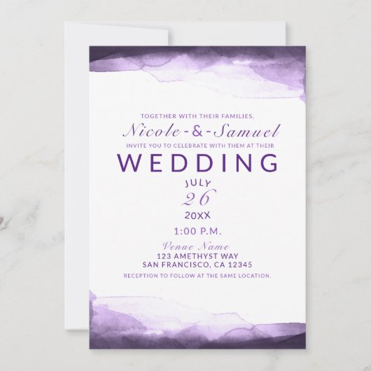 アメジストパープルプラムの水モダン色結婚の 招待状 (正面)