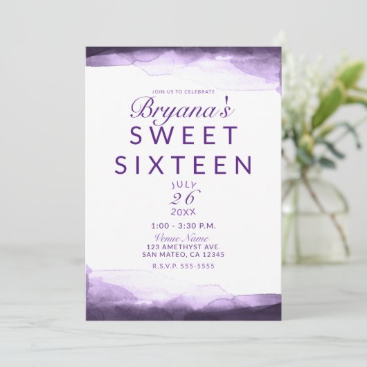 アメジストパープルプラムモダンシック甘い16パーティー 招待状 (スタンド正面)