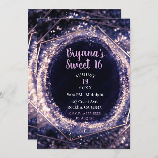 アメジストパープルモダン抽象芸術グラムスウィート16 招待状 (正面/裏面)