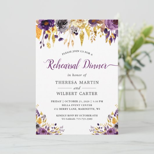 アメジストパープル金ゴールドフローラリハーサルディナー 招待状 (スタンド正面)