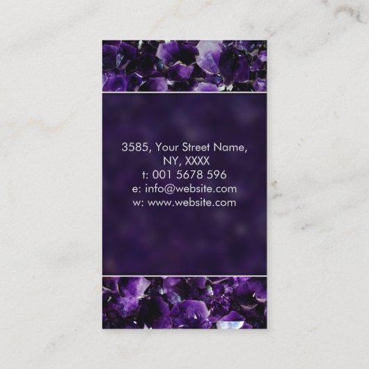 アメジスト上の修復クリスタルクラスタ 名刺 (裏面)