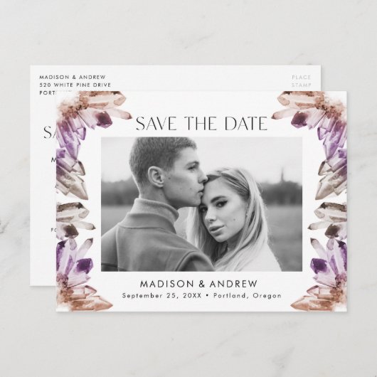 アメジスト水彩水晶の写真の保存日付 案内ポストカード (正面/裏面)